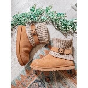 Uggs Tan Cambridge Cable Knit Fold Over Buckle Ankle Boots Size 10